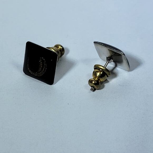 Vintage Black Square Stud Earrings – Gold Swirl Accent, Minimalist Design - Picture 3 of 10